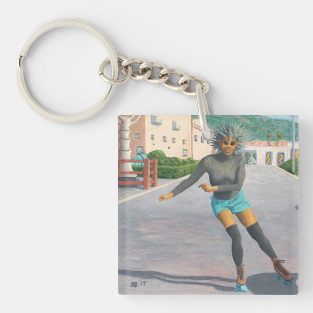 Alien Woman Roller Skating Fantasy Art Keychain (Framsidan)