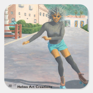 Alien Woman Roller Skating Fantasy Art Stickers Fyrkantigt Klistermärke
