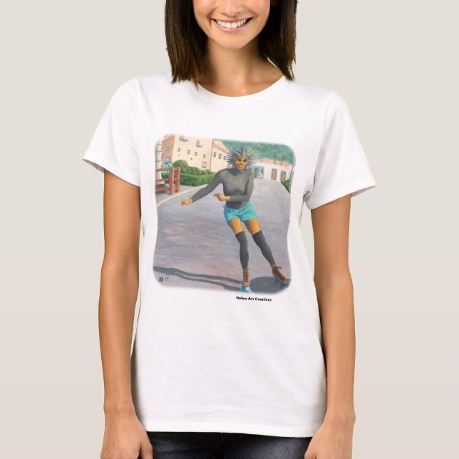 Alien Woman Roller Skating Fantasy Art T-Shirt (Framsida)