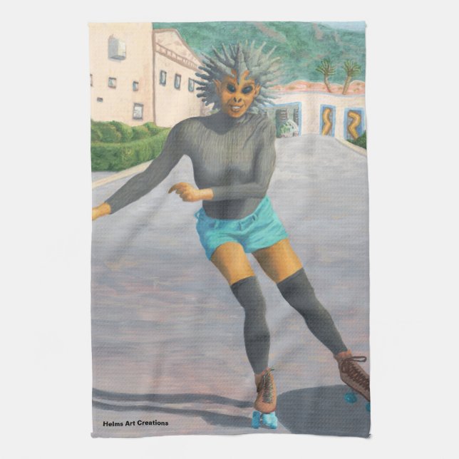 Alien Woman Roller Skating Fantasy Kitchen Towel Kökshandduk (Vertikal)