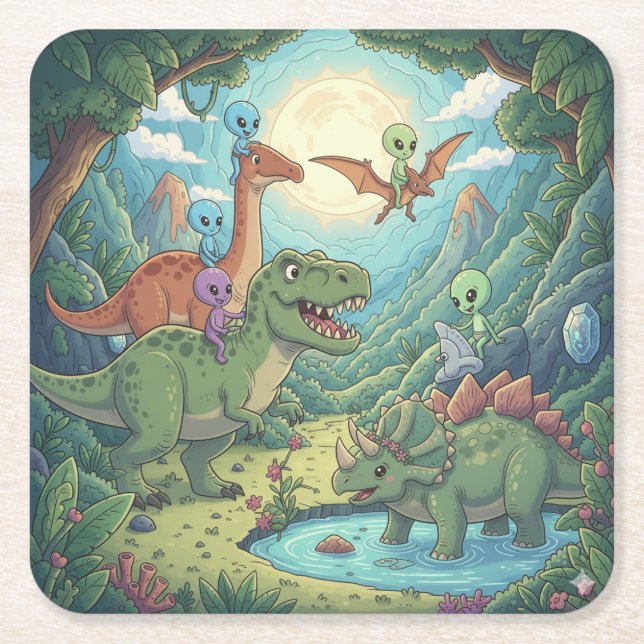 Aliens and Dinosaurs Adventure Underlägg Papper Kvadrat (Framsidan)