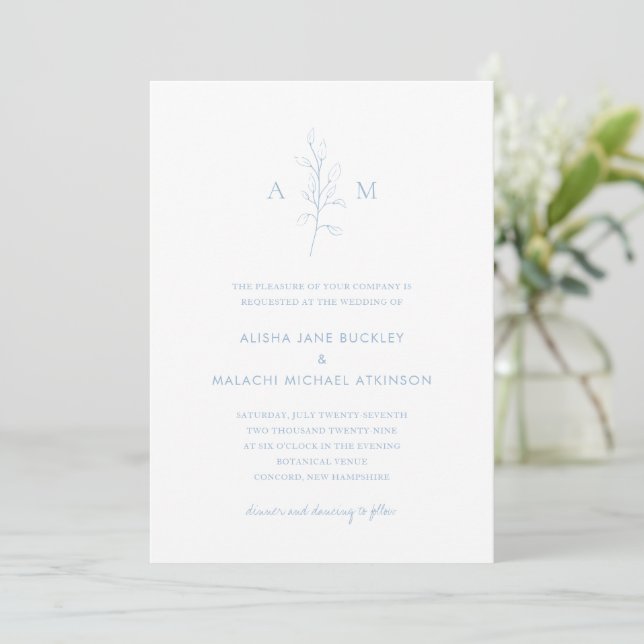 Alisha Dusty Blue Botanical Elegant bröllop Inbjudningar (Stående Fram)