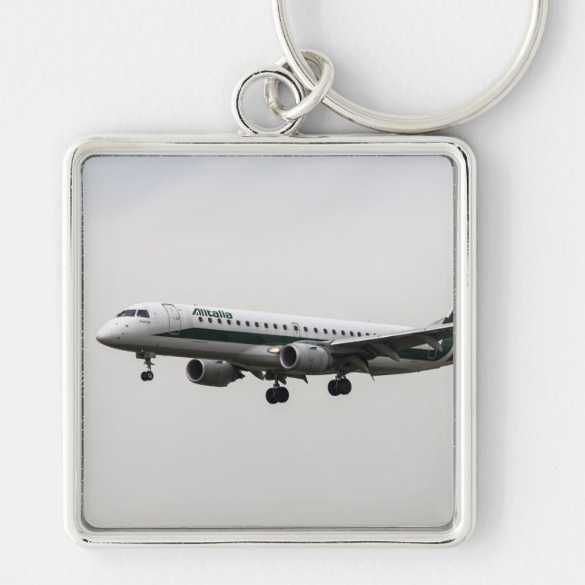 Alitalia Embraer 190 Fyrkantig Silverfärgad Nyckelring (Framsidan)