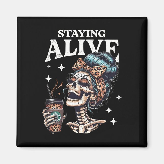 Alive Skeleton Halloween Leopard Messy Bun Women T Magnet (Framsidan)