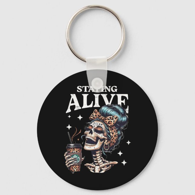 Alive Skeleton Halloween Leopard Messy Bun Women T Nyckelring (Framsida)