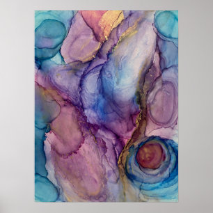 Alkohol Bläck Art, Rosa, Lila och Guld Abstrakt Poster