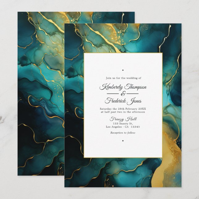 Alkohol Bläck Bröllop i Teal och Guld Inbjudningar (Fram/baksida)