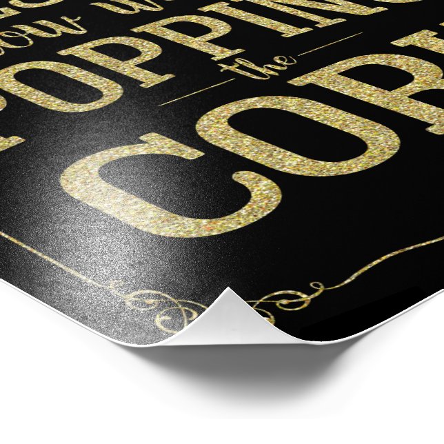 Alkohol bröllop, pop kork, poppad fråga. fototryck (Hörn)