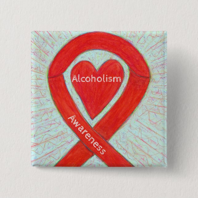 Alkoholism Awareness Red Heart Ribbon Anpassningsb Knapp (Framsida)