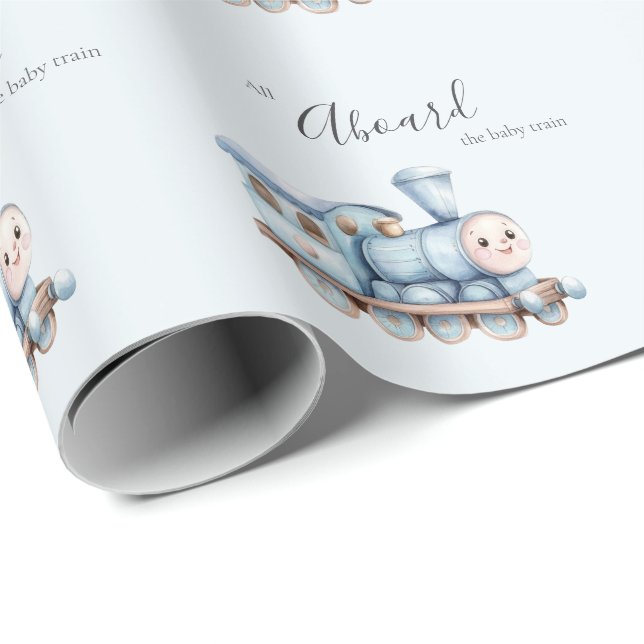 All Aboard the Baby Train Blue Boy Baby Shower Presentpapper (Rullad Hörn)