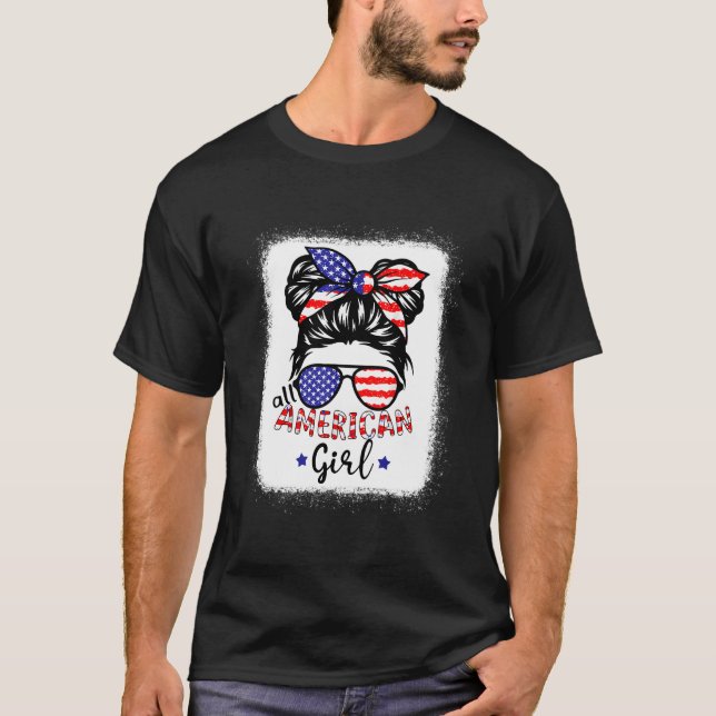 All American 4Th Of July Daughter Messy Bun Usa T Shirt (Framsida)