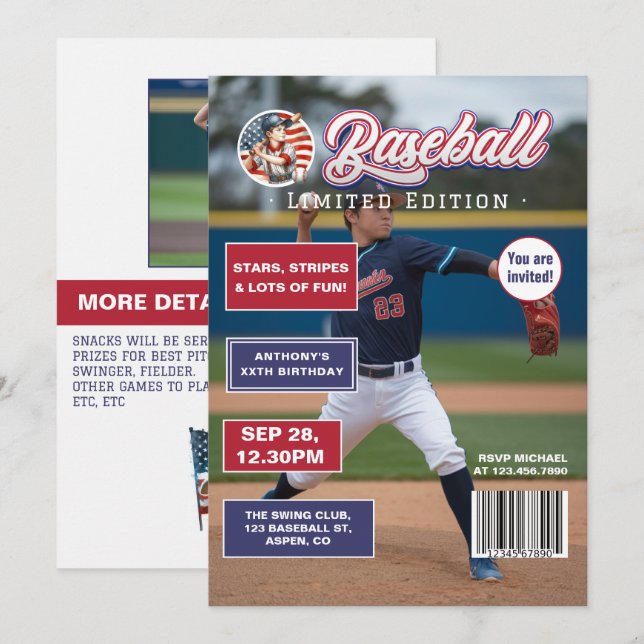 All American Boy Baseball Magazine Omslag Födelsed Inbjudningar (Fram/baksida)
