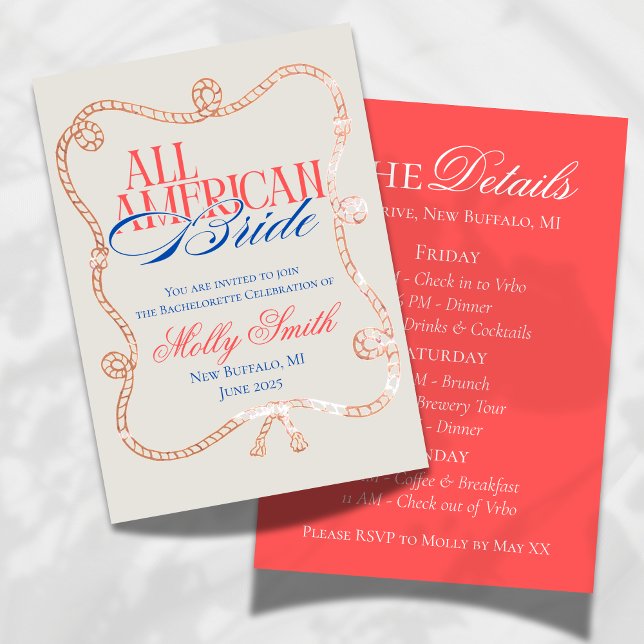All American Bride Bachelorette Helg Itinerary Inbjudningar (Celebrate the bride with stars, stripes, and sunshine using this All-American Bachelorette!)