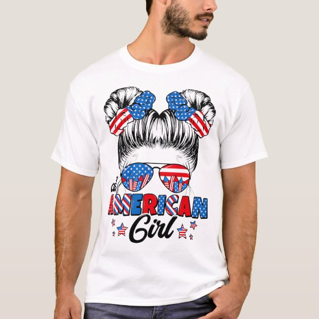 All American Funny Girl Messy Bun Patriotic 4:e av T Shirt (Framsida)