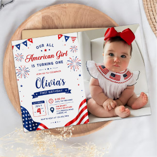 All American Girl Födelsedag 4 juli Foto Inbjudningar