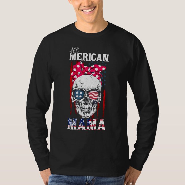 All American Mamma Skull Mamma American Flagga Bow T Shirt (Framsida)