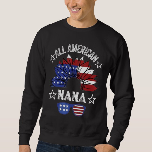 All American Nana 4th Of July Shirt Women Sunflowe Lång Ärmad Tröja (Framsida)