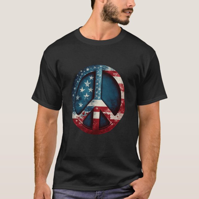 All American Peace Sign with American Flag T Shirt (Framsida)