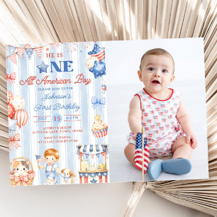 All American Pojke 1-års Födelsedagsfoto Inbjudan