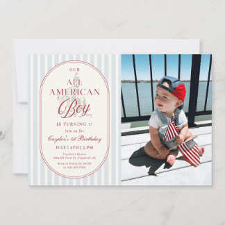 All American Pojke 4 juli 1-års Födelsedagsfoto Inbjudningar