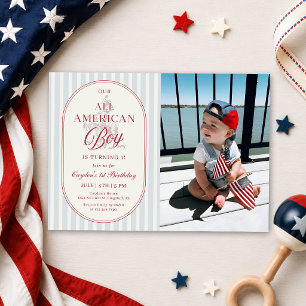 All American Pojke 4 juli 1-års Födelsedagsfoto Inbjudningar