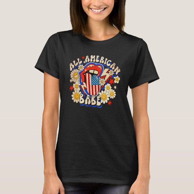 All American Retro Flower Babe 4th Of July USA Lip T Shirt (Framsida)