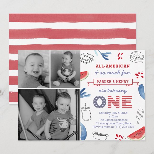 All-amerikansk 1-årsfest för tvillingar inbjudningar (Fram/baksida)