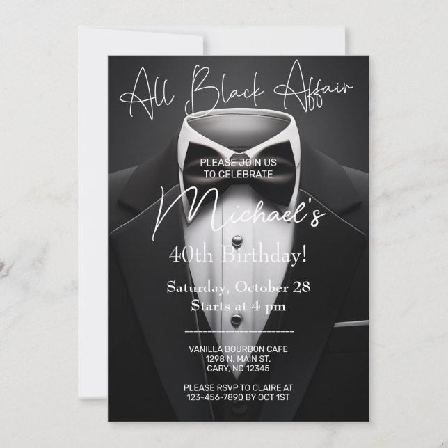All Black Affair adult man birthday invitation. Inbjudningar (Framsida)