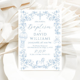 All Blue Toile Boy Baptism Elegant Digital Inbjudningar