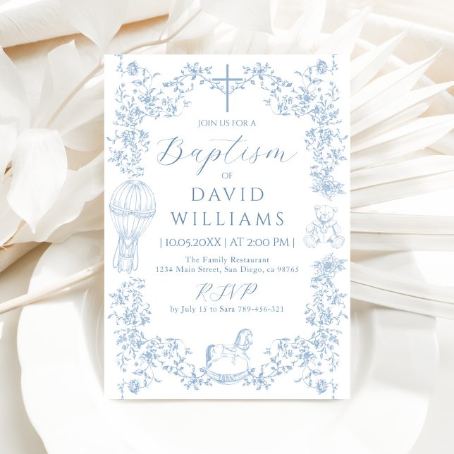 All Blue Toile Boy Baptism Elegant Digital Inbjudningar (Skapare uppladdad)