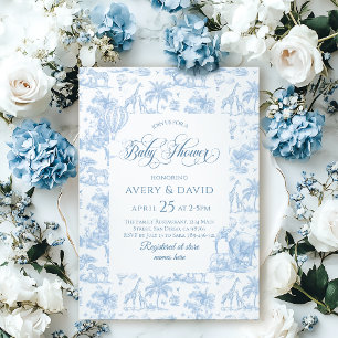 All Blue Toile Safari Animal Pojke Shower Inbjudningar