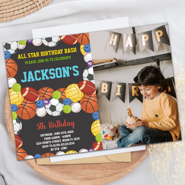 All Bollar Black Sports Party Birthday med foto Inbjudningar (All Balls Black Sports Party Birthday with photo Invitation)