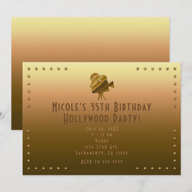 All Gold Cinema & Stars Hollywood-fest Invitation Inbjudningar (Fram/baksida)