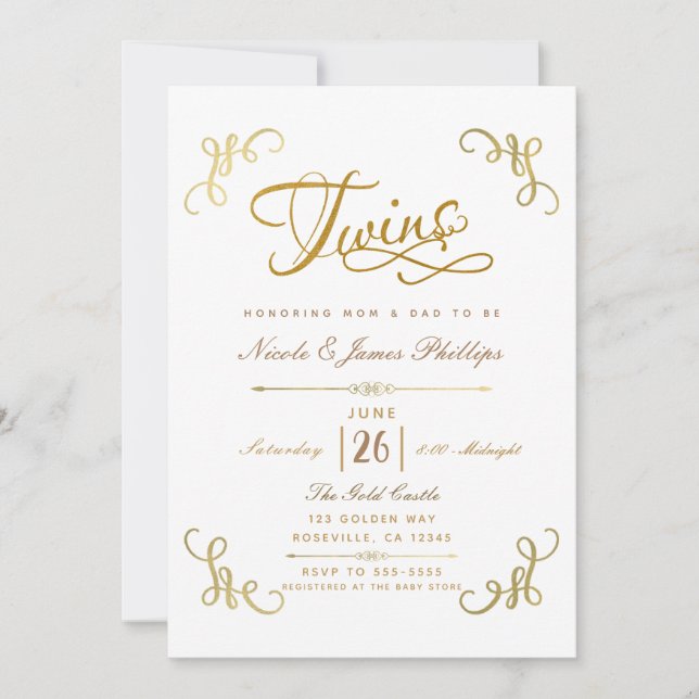 All Gold Falsk Folie Baby Shower TVILLINGAR Script Inbjudningar (Framsida)