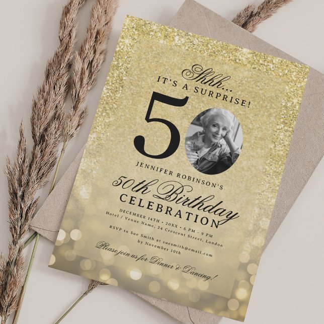 ALL GOLD ÖVERRASKNING Foto Glam 50-årsdag  Inbjudningar (ALL GOLD SURPRISE Photo Glam 50th Birthday Invitation)