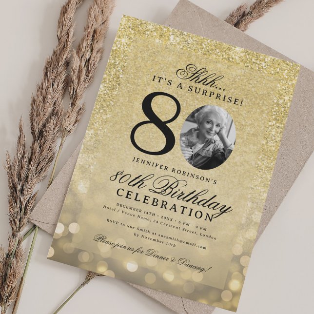 ALL GOLD SURPRISE Foto Glam 80-årsdag  Inbjudningar (ALL GOLD SURPRISE Photo Glam 80th Birthday Invitation)