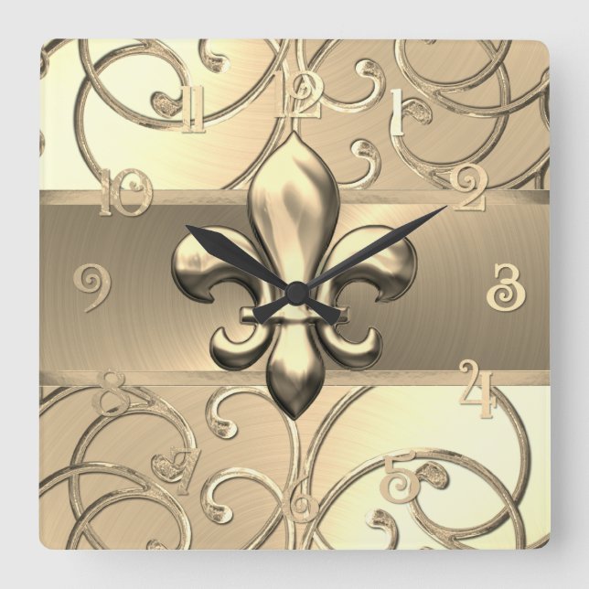 All Guld Filigree Swirls Fleur de Lis Fyrkantig Klocka (Framsida)