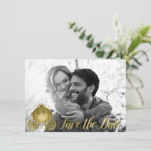All Guld prinsessan Storybook Carriage Save Date Inbjudningar (Stående Fram)