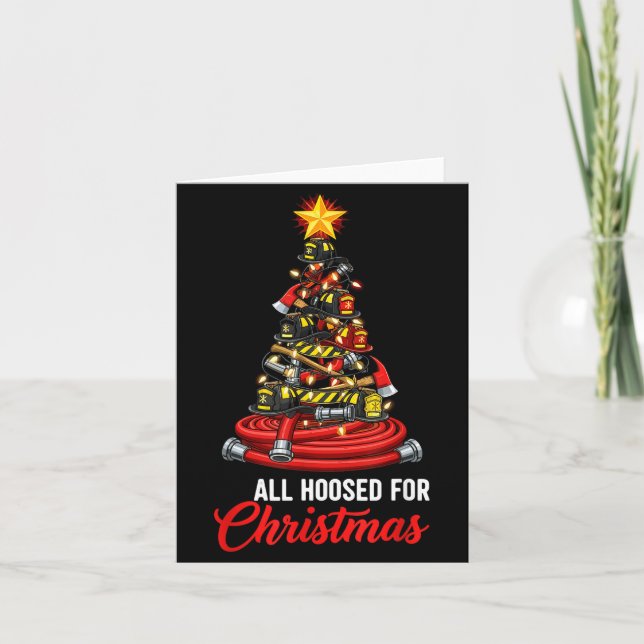 All Hoosed Christmas Firefighter Tree Shirt, Firem Kort (Framsida)