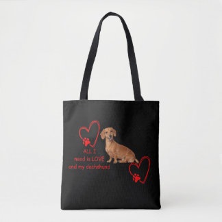 All I Need Is Love and My Dachshund Black Tote Bag Tygkasse