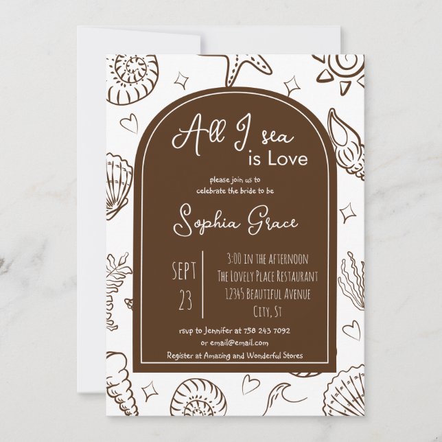 All I Sea is Love Brown Seashells Doodles  Inbjudningar (Framsida)