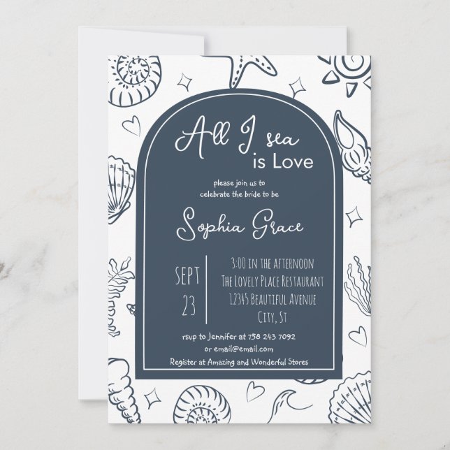 All I Sea is Love Navy Blue Seashells Doodles  Inbjudningar (Framsida)