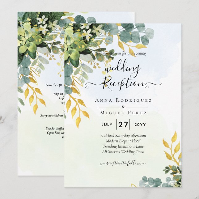 All-in-1 Grey Guld Eucalyptus Löv Bröllop Inbjudningar (Fram/baksida)
