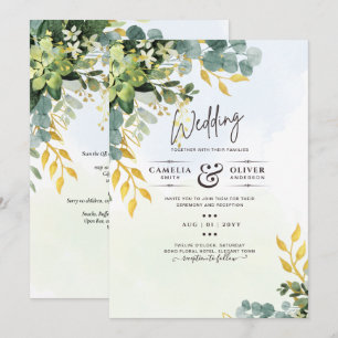 All-in-1 Grey Guld Eucalyptus Löv Bröllop Inbjudningar