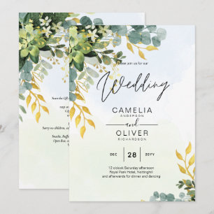 All-in-1 Grey Guld Eucalyptus Löv Bröllop Inbjudningar