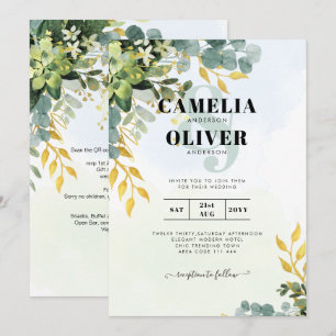 All-in-1 Grey Guld Eucalyptus Löv Bröllop Inbjudningar