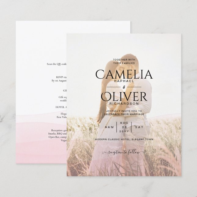 All-in-1 Rosa Ombre Fotoöverlägg Bröllops QR-kod (Fram/baksida)