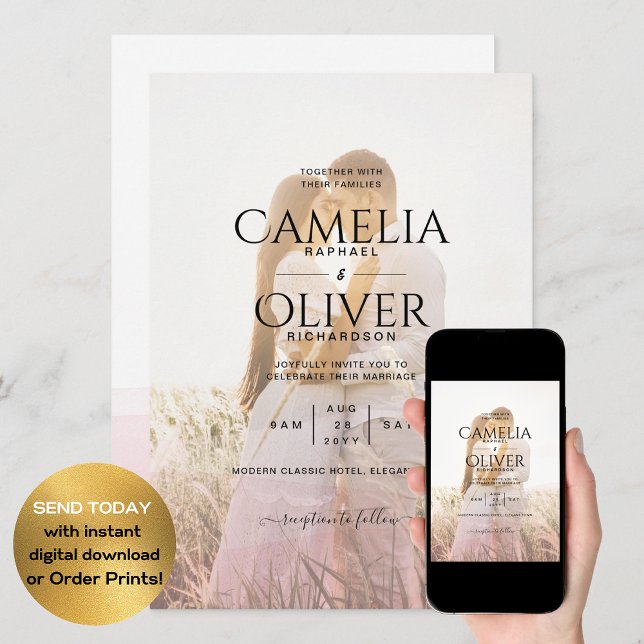 All-in-1-Rosa Ombre Photo Overlay Bröllop QR-kod Inbjudningar (Skapare uppladdad)