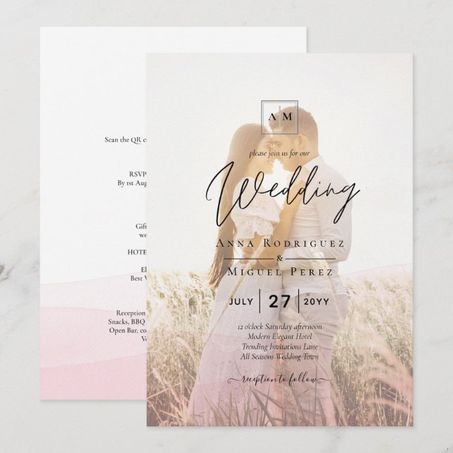 All-in-1-Rosa Ombre Photo Overlay Bröllop QR-kod Inbjudningar (Fram/baksida)