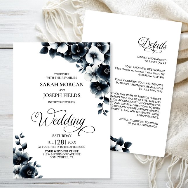 All in One Black White Floral Wedding Inbjudningar (Skapare uppladdad)
